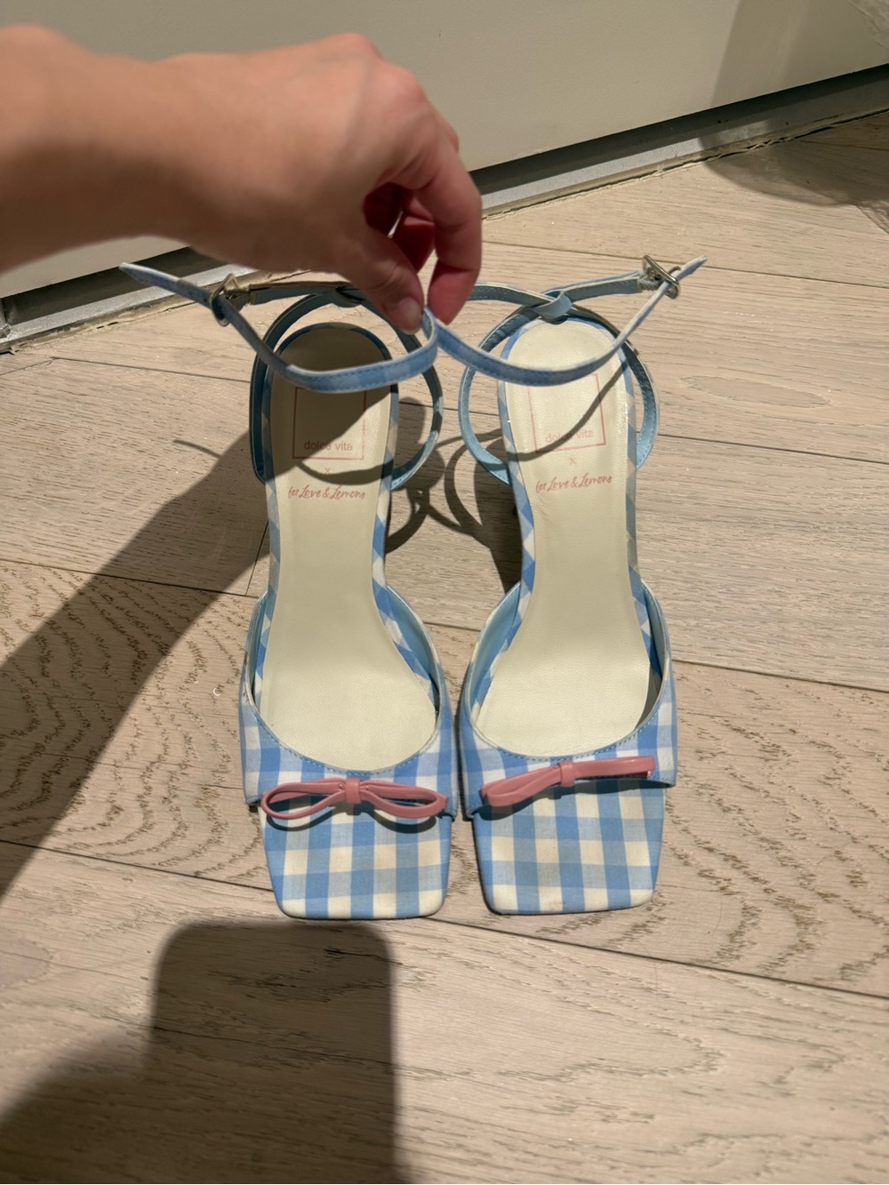 Dolce Vita Blue Gingham Ankle-Strap Heels with Pink Bow